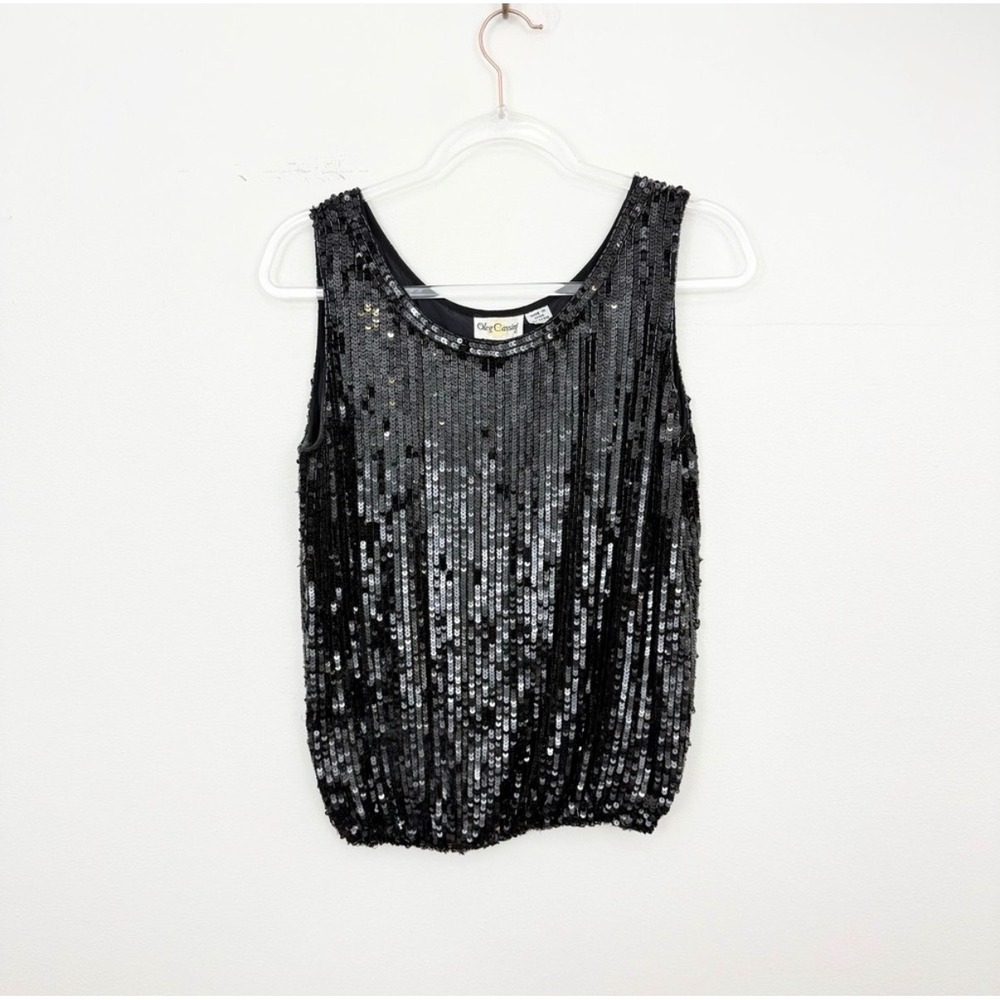 Vintage 80s Oleg Cassini Black Sequin Silk Blouson Tank Top M